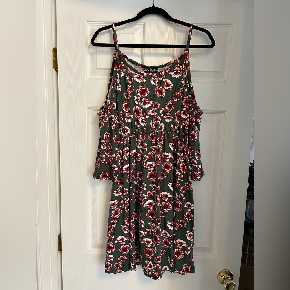 Due Time Maternity Green and Maroon Cold Shoulder Sundress